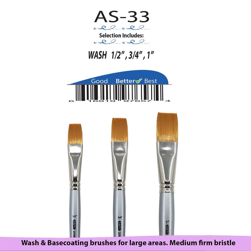 ZEM Brush Golden Taklon Wash Brush Set Sizes 1/2", 3/4", 1" - Image 3